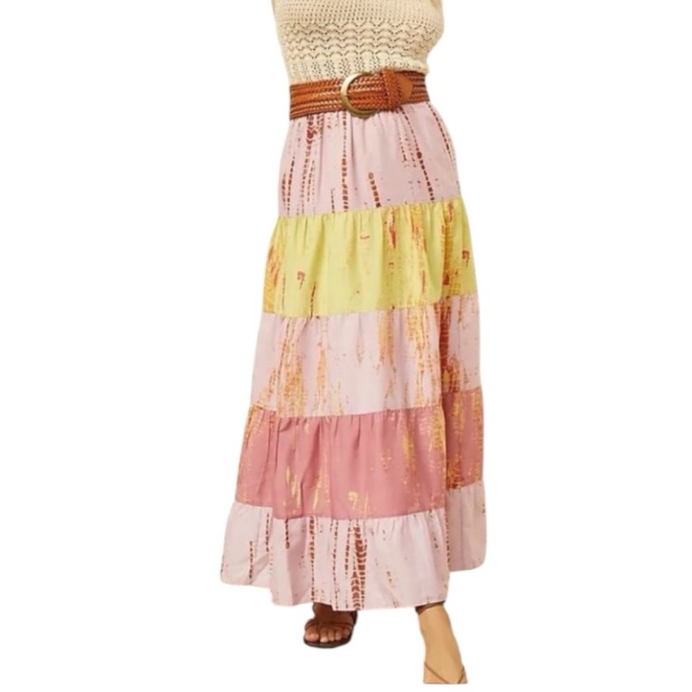 Anthropologie Maxi Tiered Skirt in Pink and Yellow